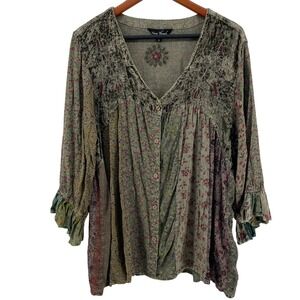 Young Threads Patchwork Tunic Top Womens 1X Olive Green Boho Velvet Mixed Media